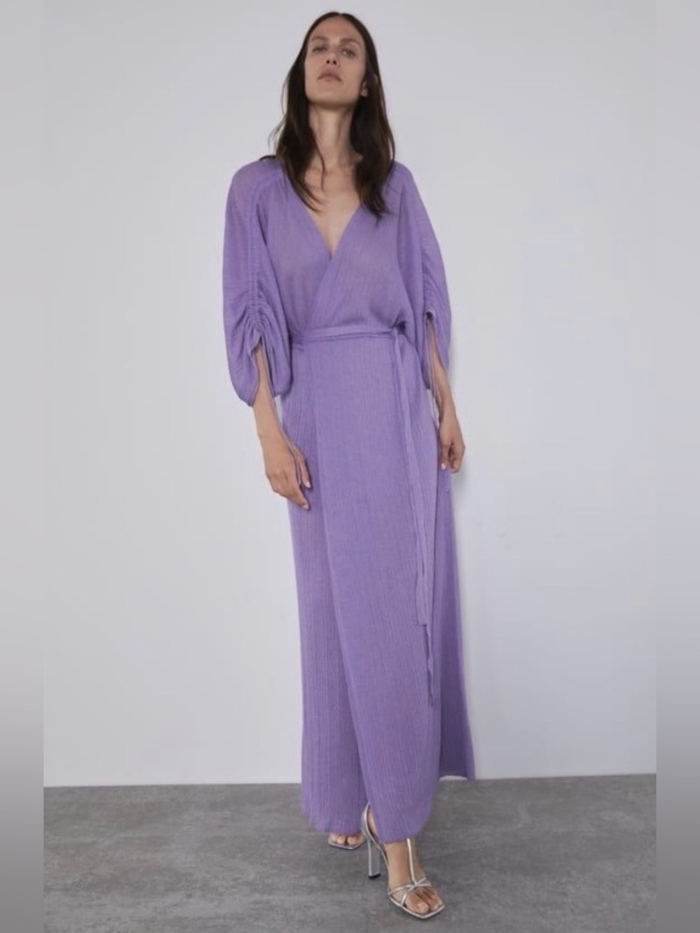 Zara Lilac Metallic Knit Wrap Maxi Dress NWT XS-S